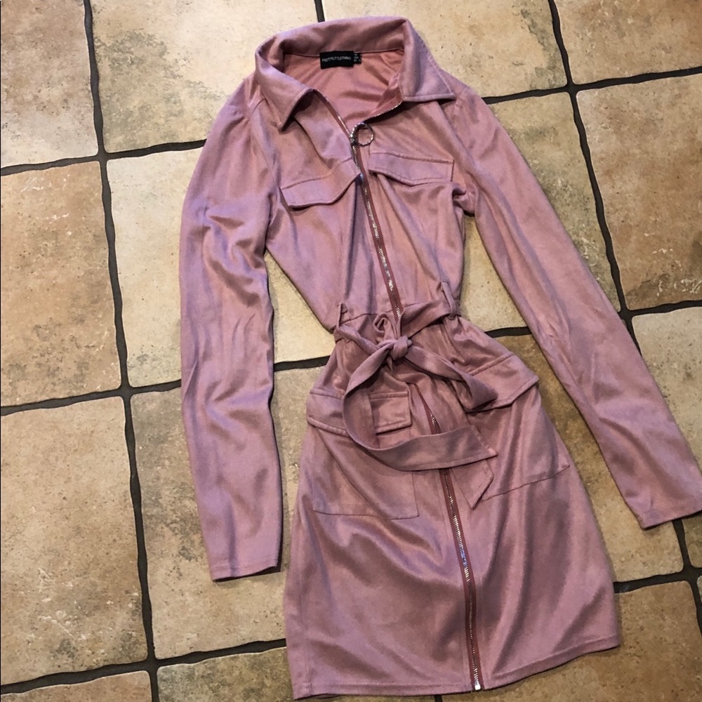 Suede long sleeve zip up dress